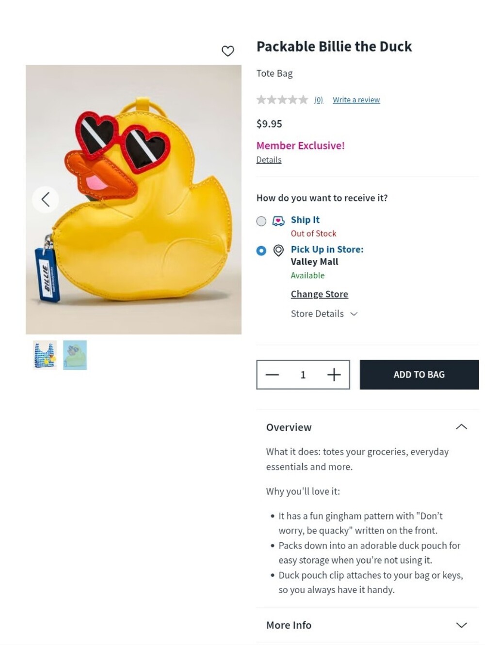 Billie The Duck Packable Bag Blue Gingham Member Exclusive '26 BATH & BODY WORKS - Picture 12 of 12